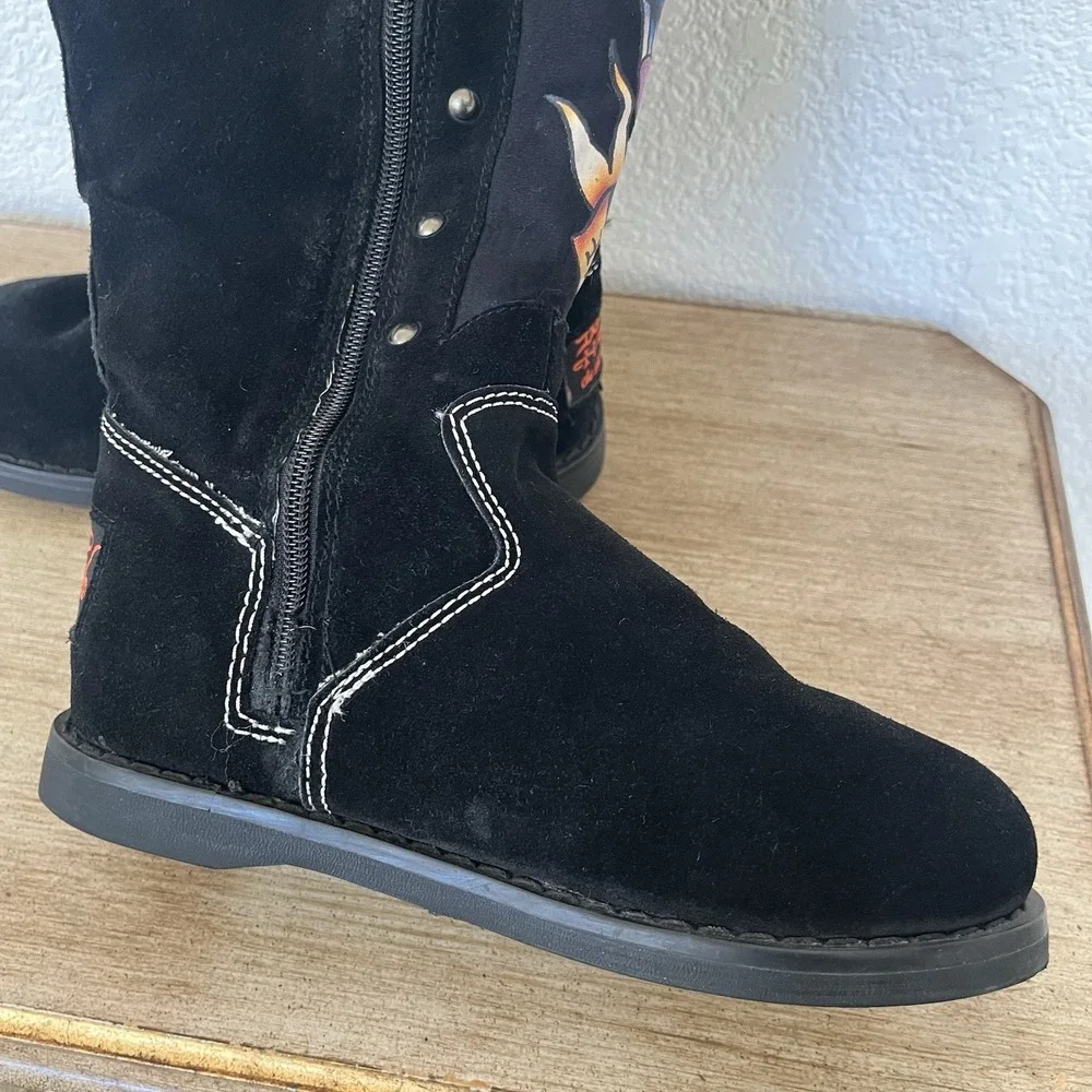 Vintage Ed Hardy Womens 5 Tall Black Suede Geisha Studded Boots Y2K Tattoo Rare